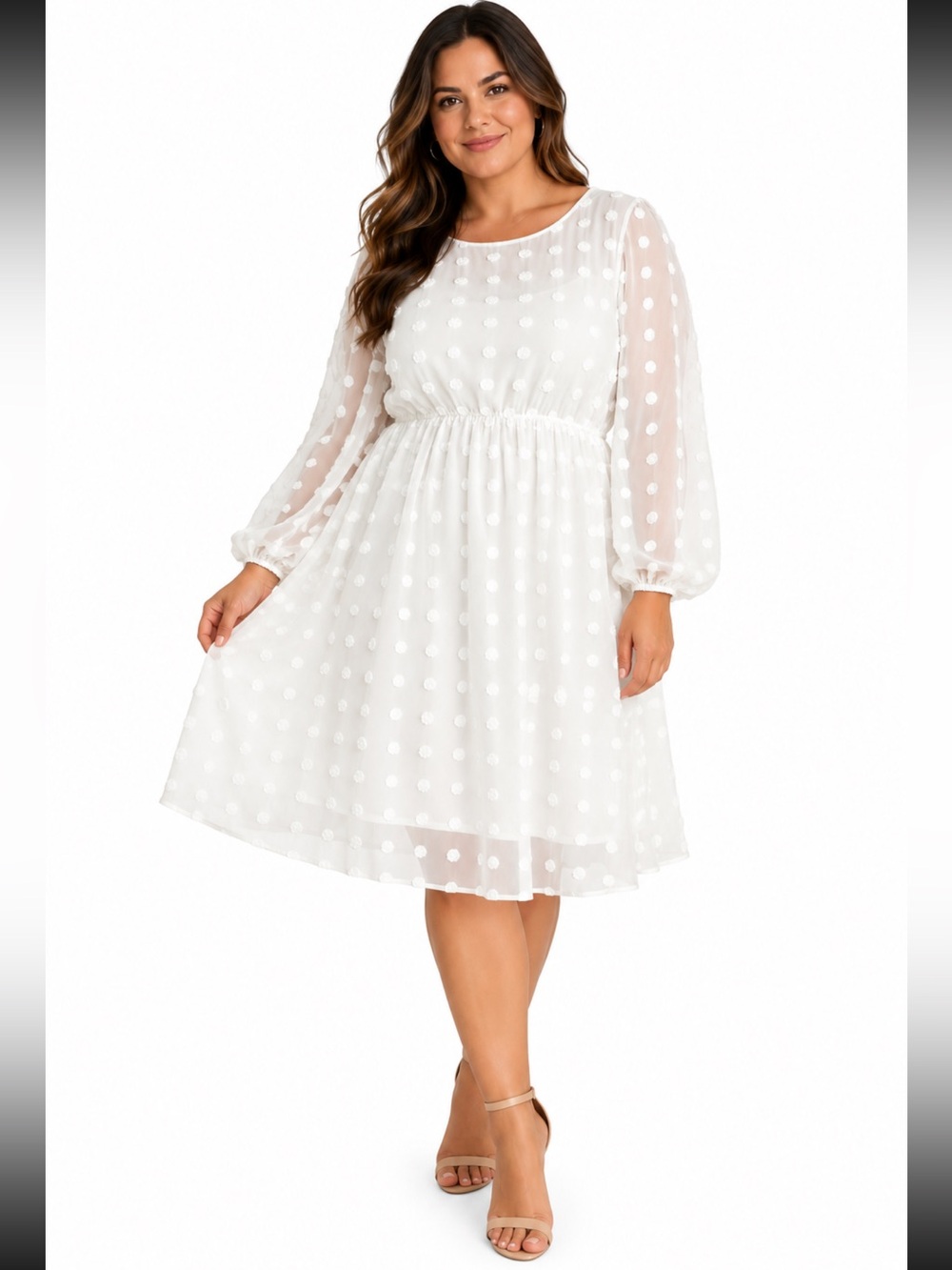 Hanna Nikole 24W White Swiss Dot Chiffon Dress Long Sleeve Plus Size Midi